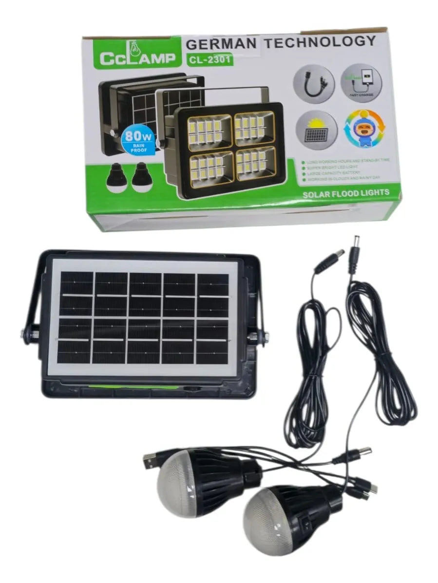 REFLECTOR SOLAR 80W + 2 LUCES LED + POWER BANK USB | KIT COMPLETO DE EMERGENCIA
