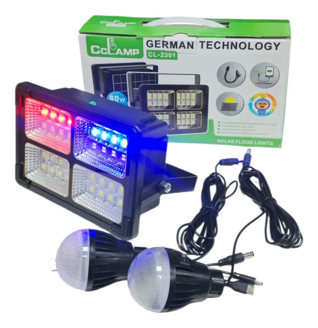 REFLECTOR SOLAR 80W + 2 LUCES LED + POWER BANK USB | KIT COMPLETO DE EMERGENCIA