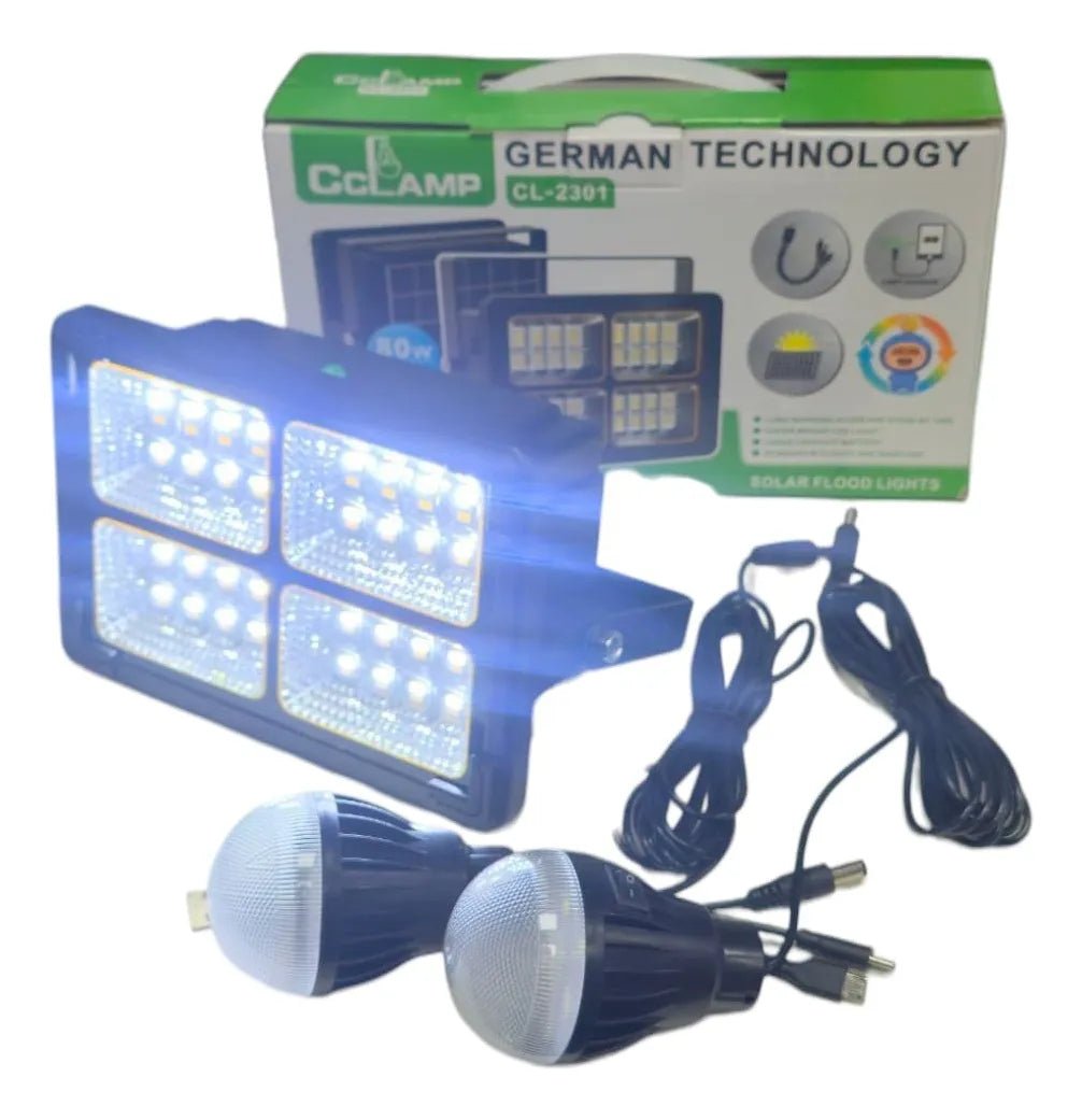 REFLECTOR SOLAR 80W + 2 LUCES LED + POWER BANK USB | KIT COMPLETO DE EMERGENCIA