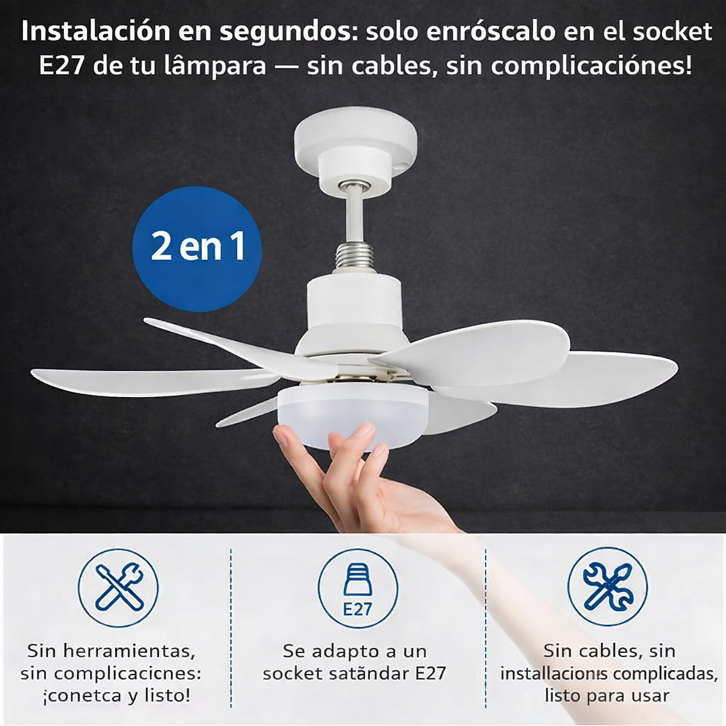 Kit x2 Ventilador con Luz LED + Control Remoto | 3 Velocidades + 3 Modos de Luz + Instalación E27 Fácil