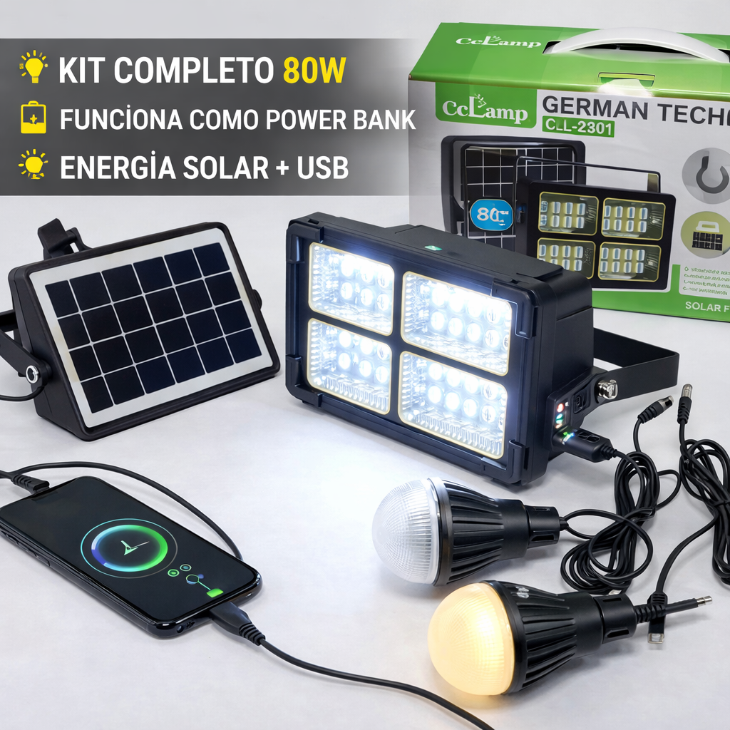 REFLECTOR SOLAR 80W + 2 LUCES LED + POWER BANK USB | KIT COMPLETO DE EMERGENCIA